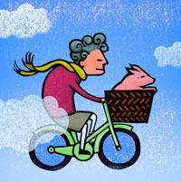 Granny biker with pig in basket
